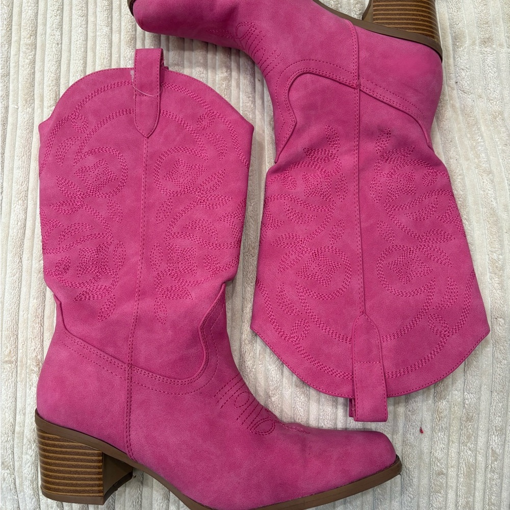 Pink Western Mid-Calf Block Heel Boots